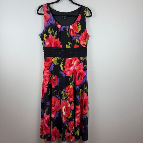 Perception Midi Floral Dress Women 10 Black Red Rose Sleeveless Beaded Bloomcore - Picture 1 of 9